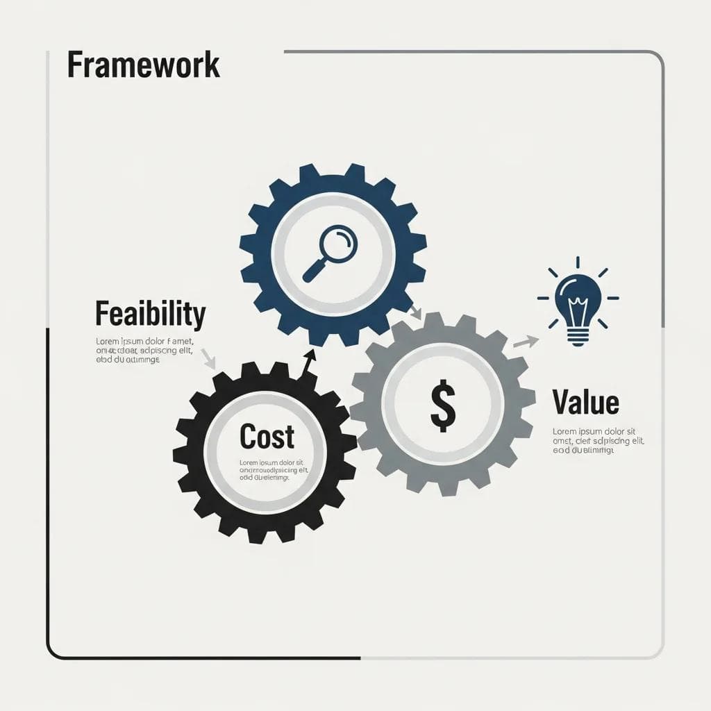 Three interconnected gears, each gear symbolizing a question in the framework, one gear with a magnifying glass for feasibility, another...