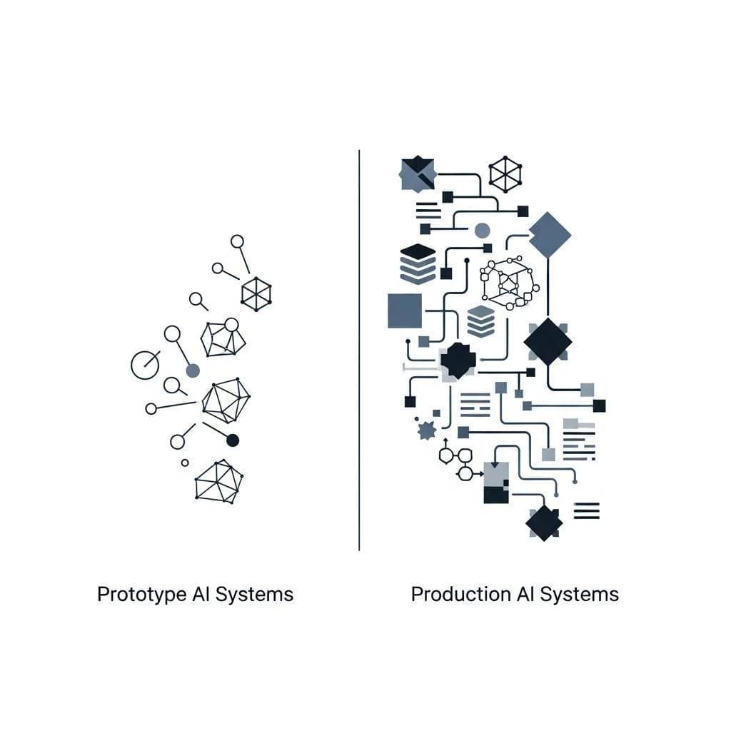 Comparison chart showing resource requirements for prototype vs production AI systems.