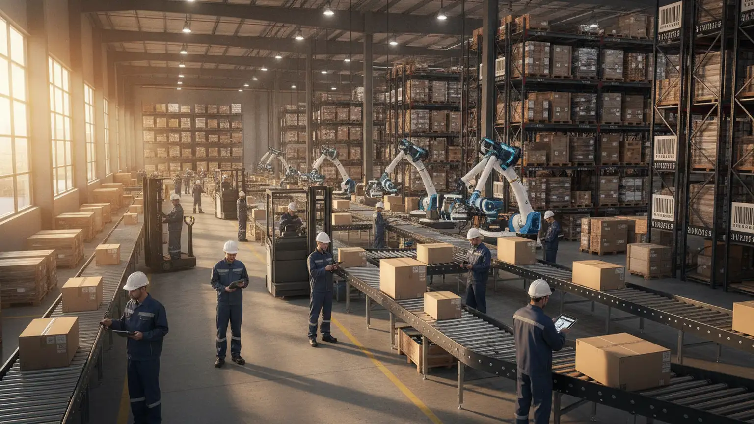 Busy warehouse interior, workers in motion, diverse team using handheld devices, robotic arms sorting packages, warm industrial lighting,...
