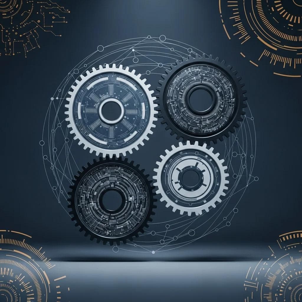 Four interlocking gears, each a function, with intricate patterns, metallic textures, soft lighting, subtle shadows, surrounded by a netw...