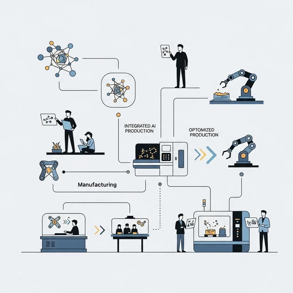 Modern manufacturing facility showing integrated AI systems, human operators, and optimized production processes working together.