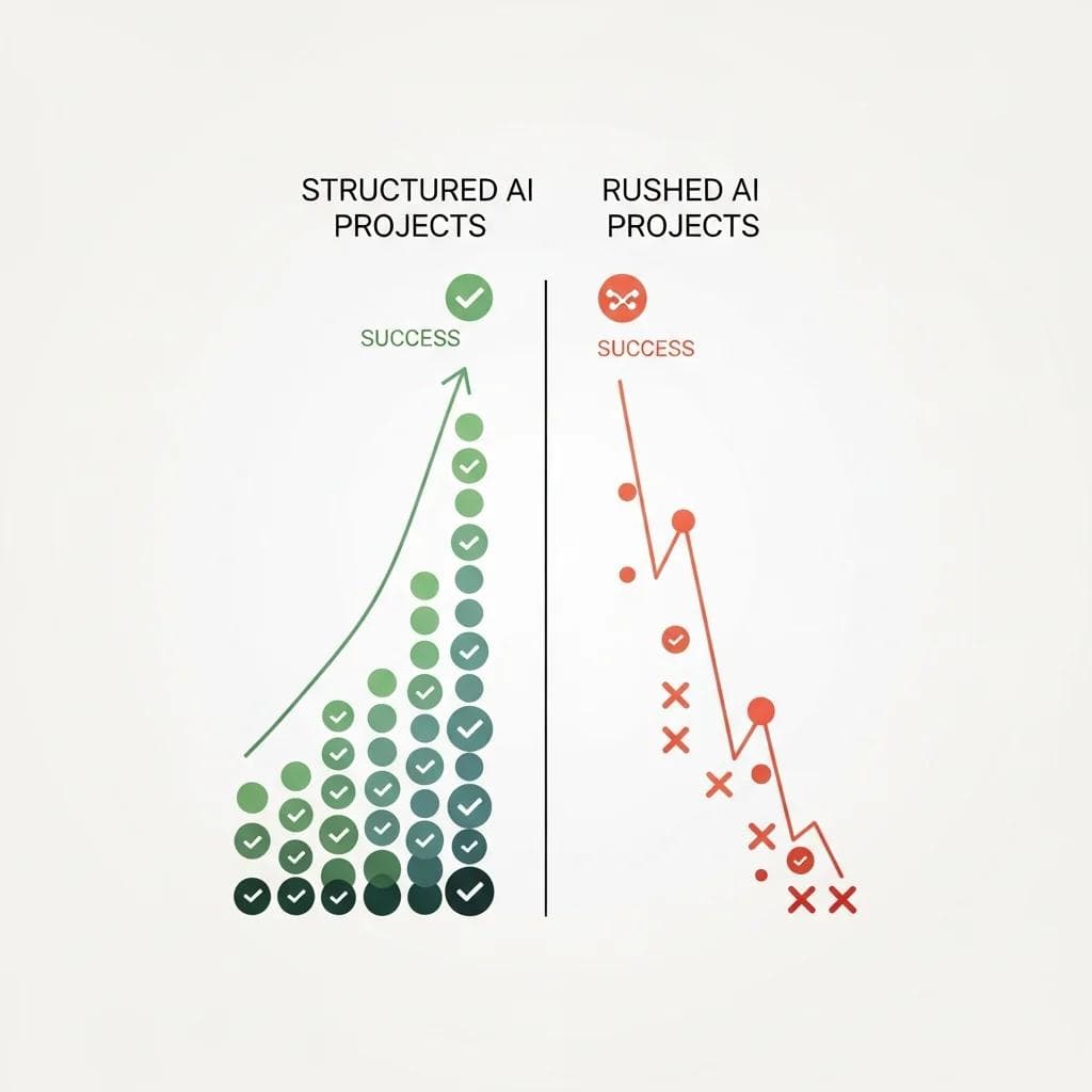 Comparison chart of success rates between structured and rushed AI projects.