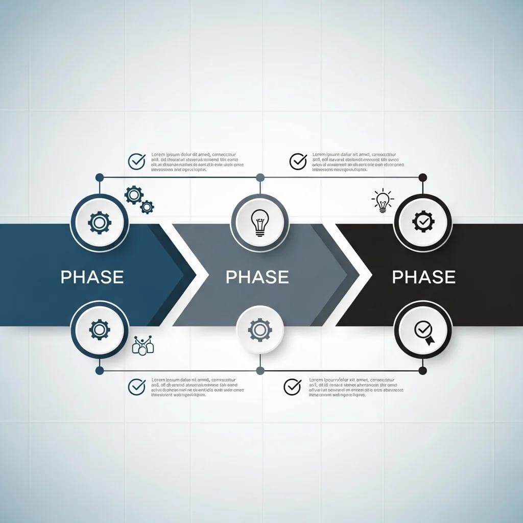 A horizontal timeline with three distinct phases, each phase by a different color, connected by arrows, key milestones depicted as icons...