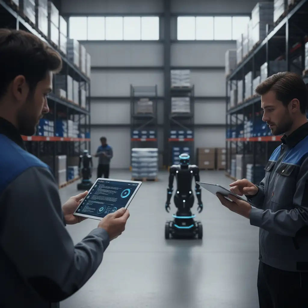 modern warehouse interior, diverse team of workers using handheld devices, autonomous robots moving pallets, shelves filled with organized inventory, soft natural lighting, focused atmosphere, people collaborating and analyzing data on tablets, seamless blend of technology and manual work, spacious and clean environment, high ceilings, industrial setting, tight practical close-up, shallow depth of field, photorealistic, minimal, modern, premium aesthetic, confident, modern, precise, color palette of deep blue, slate gray, black, white, square composition filling the entire frame, no letterboxing, no black or white bars, no borders, no text, no logos, no watermarks, no UI, avoid depicting