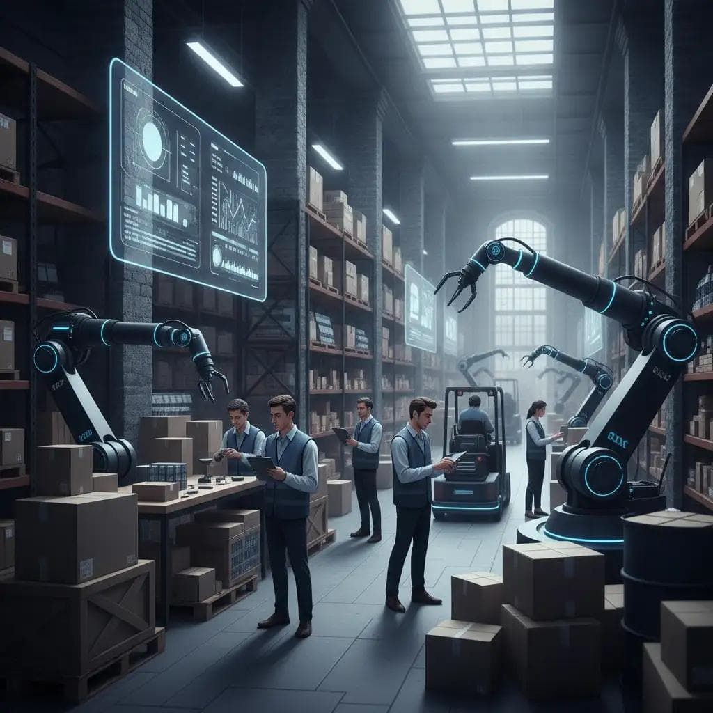A bustling traditional warehouse, workers with clipboards, robotic arms sorting boxes, digital screens displaying data, seamless blend of human and AI collaboration, shelves filled with diverse inventory, forklifts moving efficiently, ambient lighting highlighting activity, a sense of organized chaos, modern technology subtly integrated into the classic warehouse environment, conveying efficiency and innovation, tight practical close-up, shallow depth of field, clean modern illustration, minimal, modern, premium aesthetic, confident, modern, precise, color palette of deep blue, slate gray, black, white, square composition, no text, no logos, no watermarks, no UI