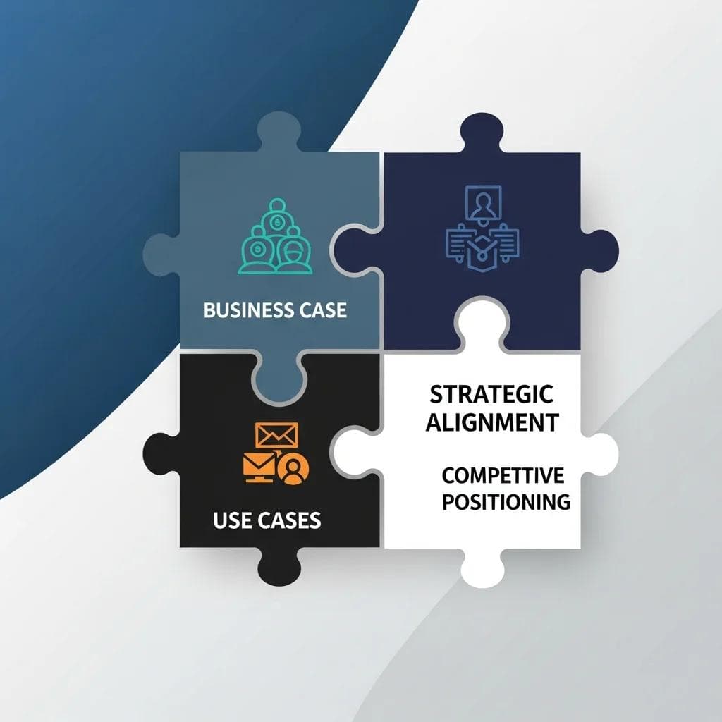 Four interconnected puzzle pieces, each a different aspect of strategic alignment: business case, use cases, resources, competitive posit...
