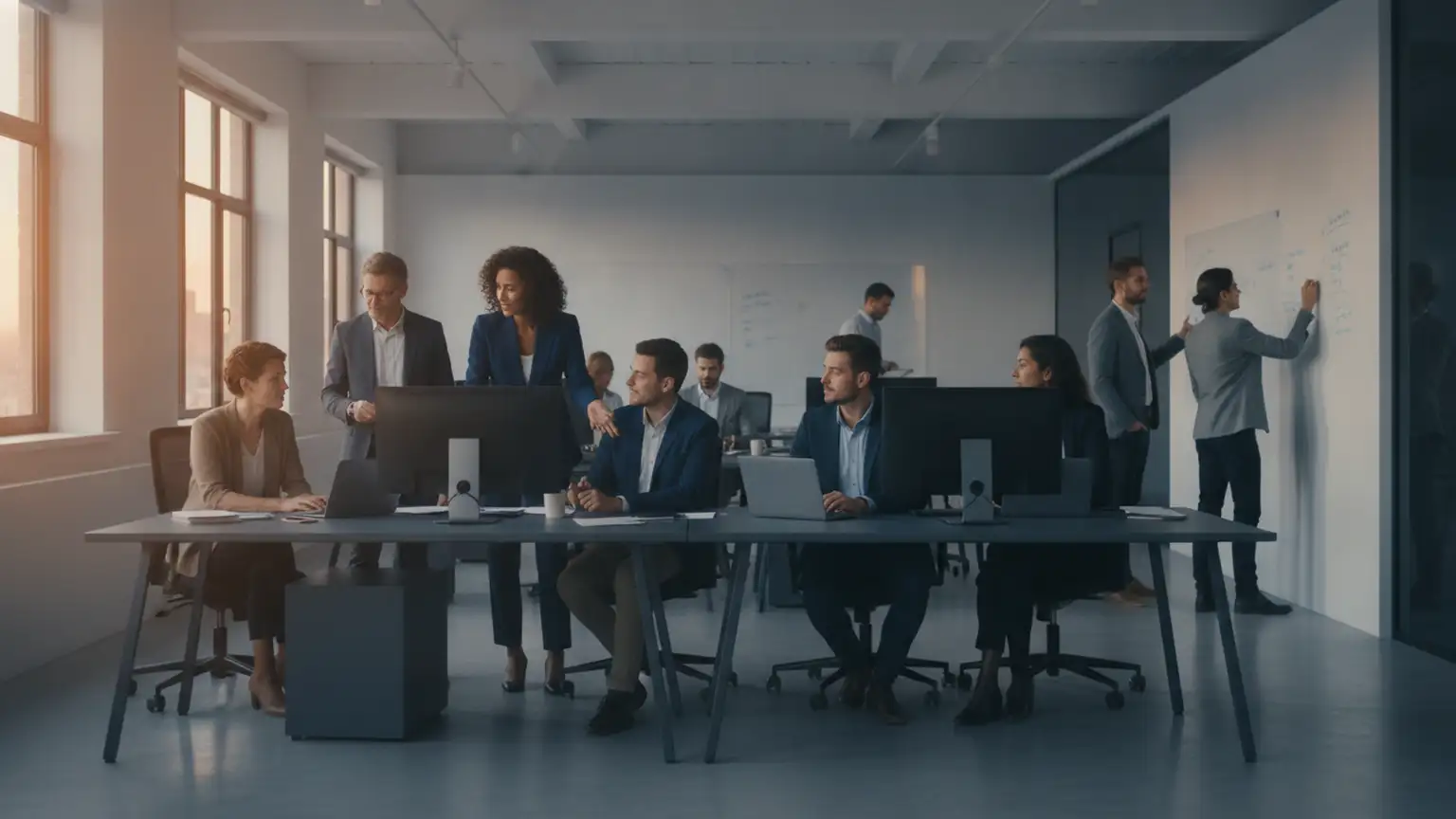 A diverse group of people in a modern office setting, engaged in collaborative activities, some receiving guidance while others work inde...