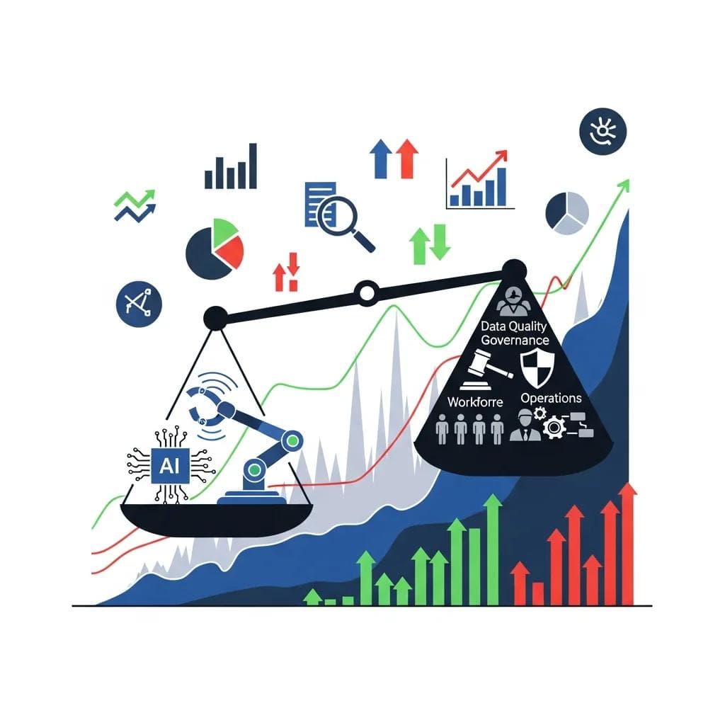 A balanced scale with AI technology on one side and organizational readiness elements like data quality, governance, workforce, and opera...