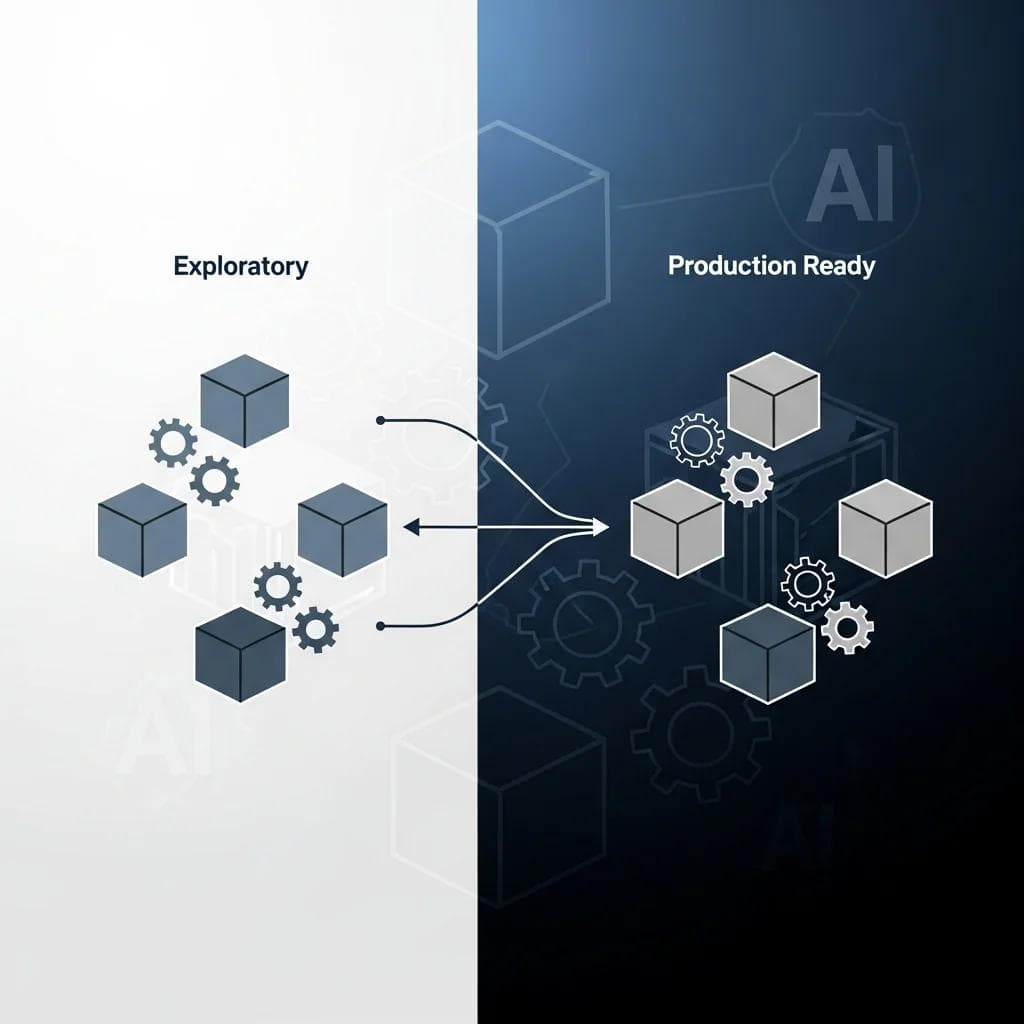 Two parallel timelines, left timeline with small blocks and simple gears exploratory phase, right timeline with larger blocks and complex...