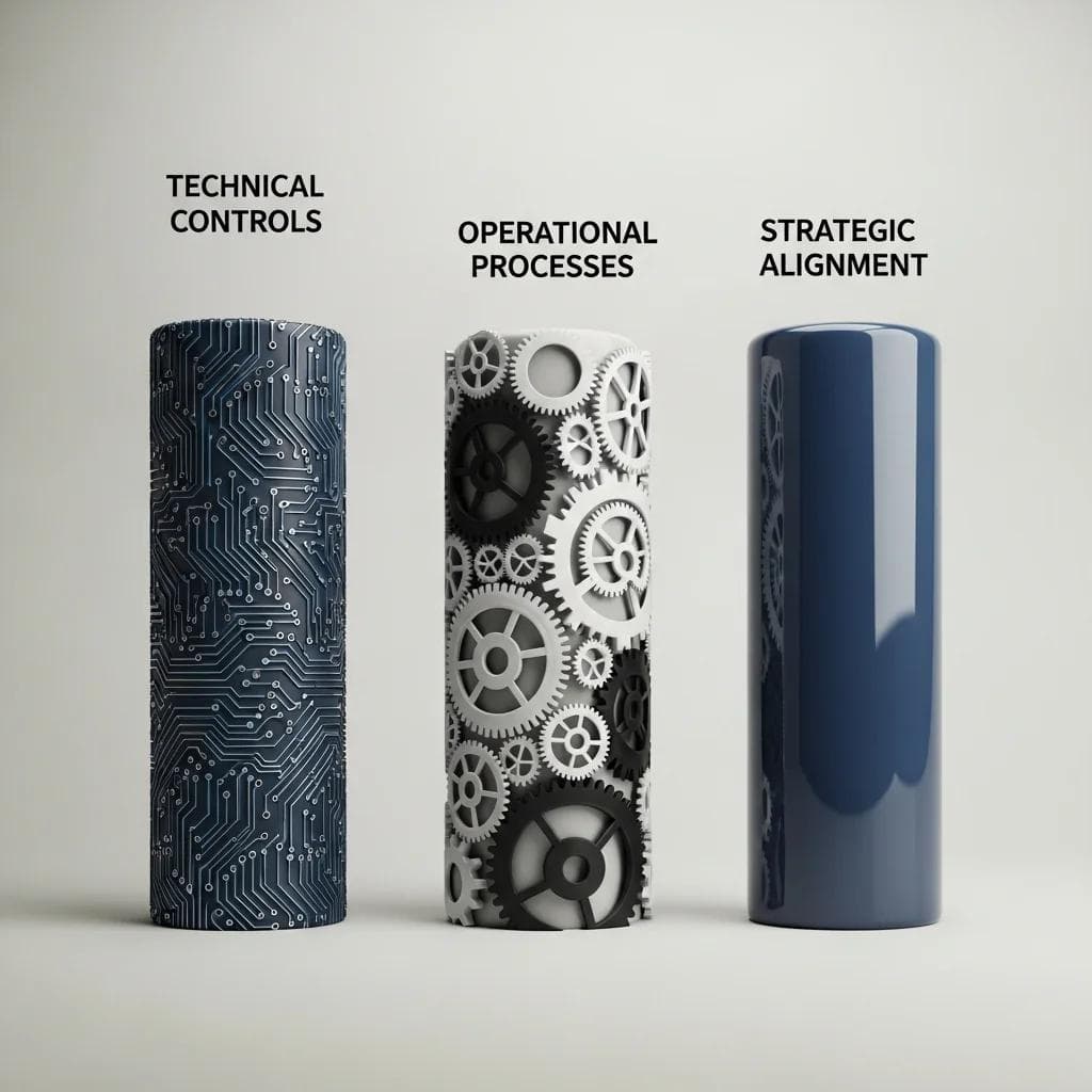 Three distinct pillars made of sleek, modern materials, each one uniquely textured to different aspects: the first pillar with intricate...