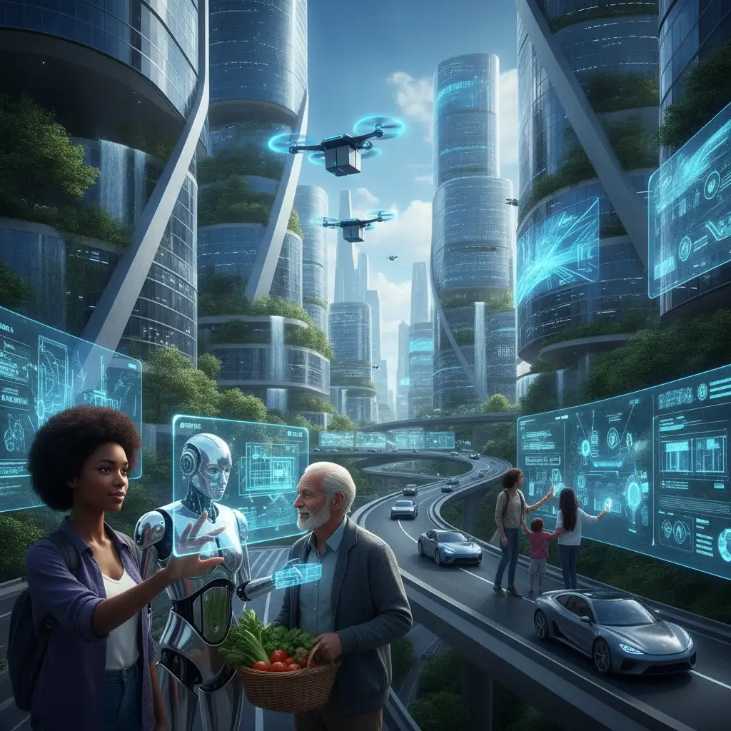 Futuristic cityscape with diverse people interacting with AI technology, robots assisting humans in daily tasks, drones delivering packag