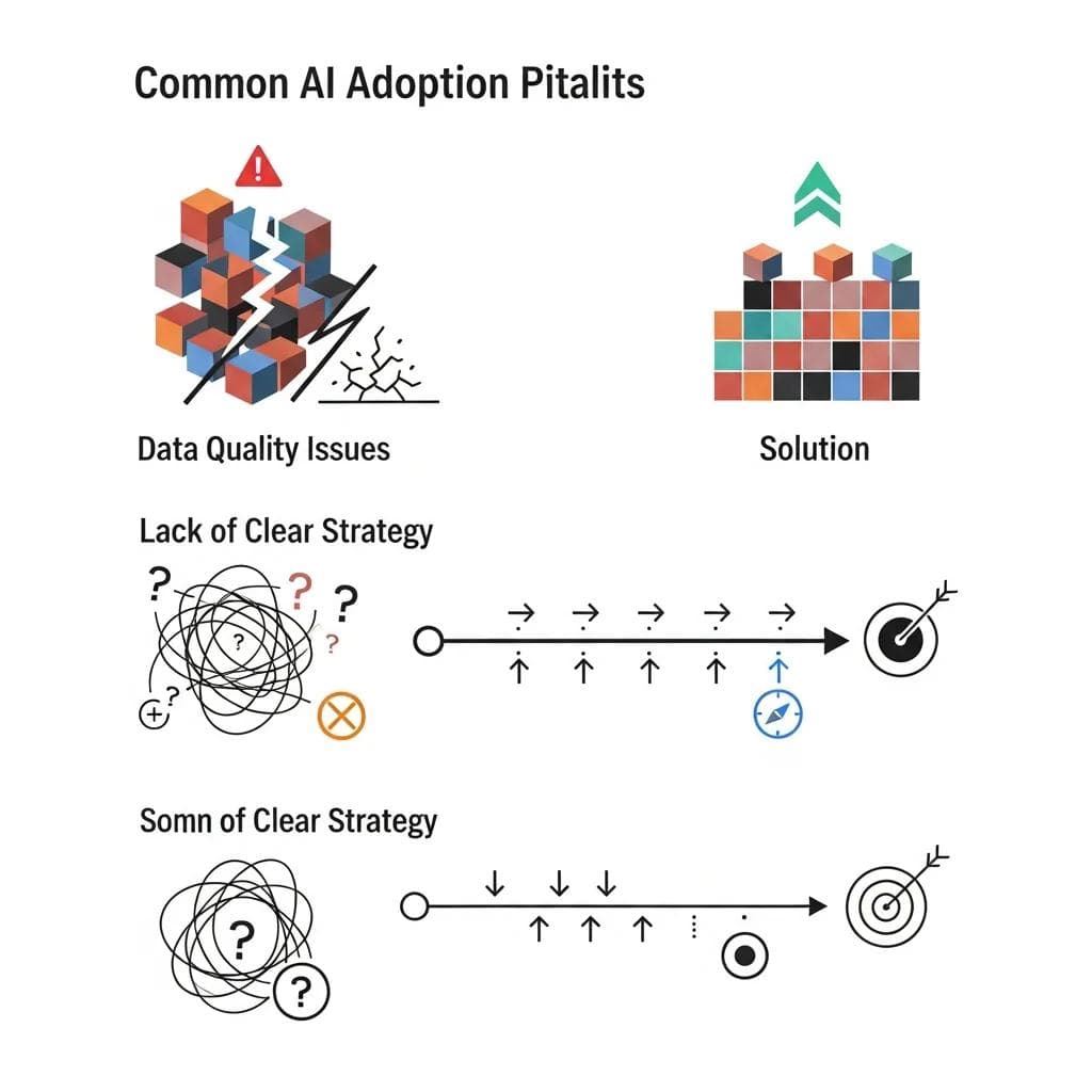 Common AI adoption pitfalls infographic with warning signs and solutions.