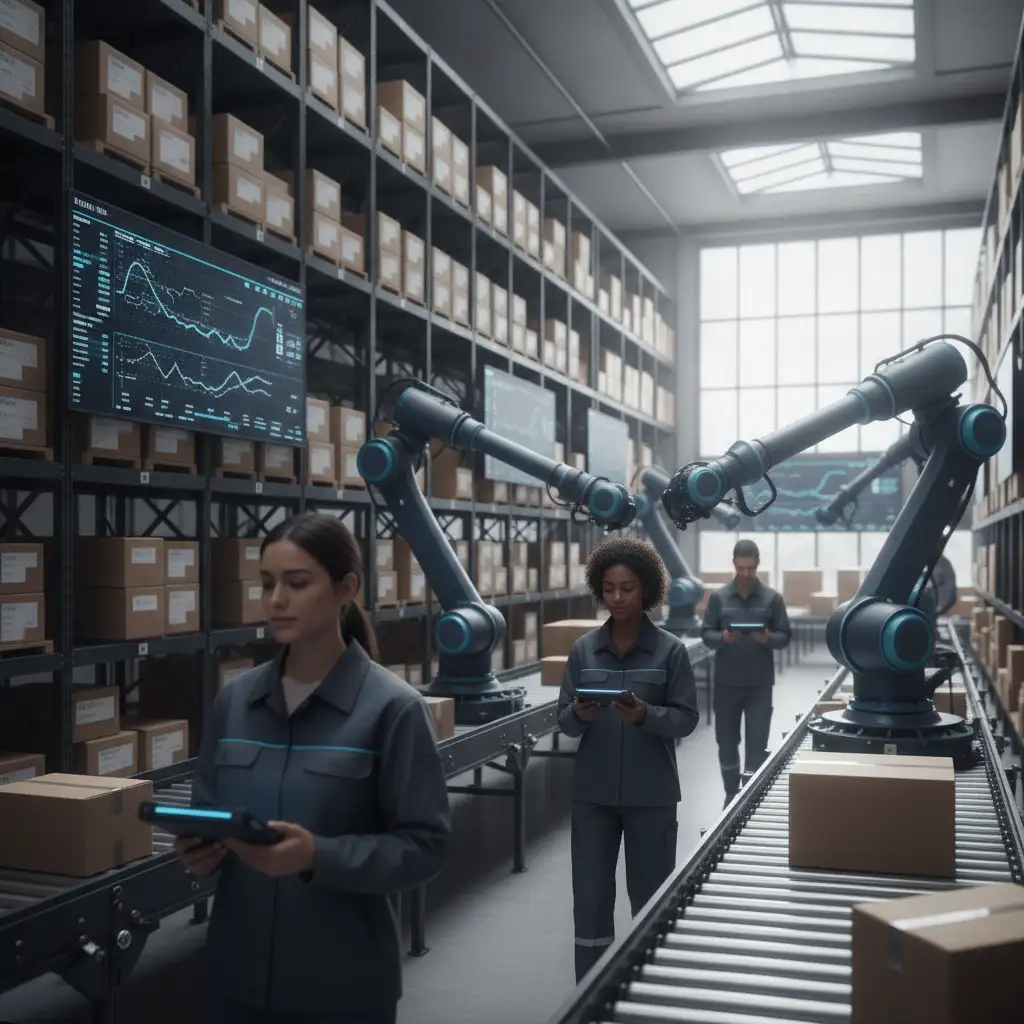 warehouse interior with workers using handheld devices, shelves filled with boxes, robotic arms sorting packages, digital screens displaying inventory data, natural lighting, people in motion, diverse workforce, modern yet functional environment, seamless interaction between humans and technology, focus on efficiency and collaboration, dynamic and bustling atmosphere, tight practical close-up, shallow depth of field, photorealistic, minimal, modern, premium aesthetic, confident, modern, precise, color palette of deep blue, slate gray, black, white, square composition filling the entire frame, no letterboxing, no black or white bars, no borders, no text, no logos, no watermarks, no UI, avoid depicting