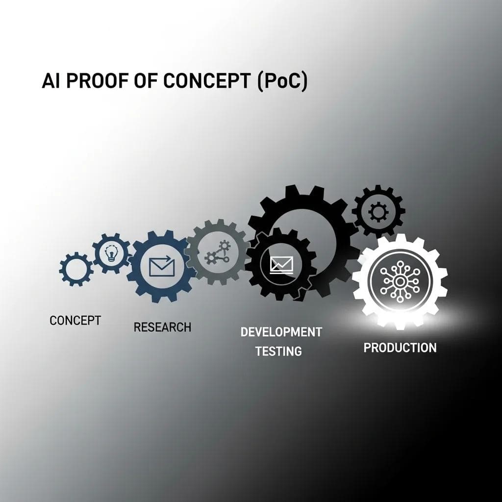 A series of interconnected gears and cogs, each gear a stage in the AI PoC process, smoothly transitioning from smaller exploratory gears...