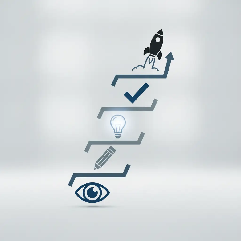 Five simple, interconnected ladder steps, each step by a distinct icon, starting with an eye for observe, a pencil for draft, a lightbulb