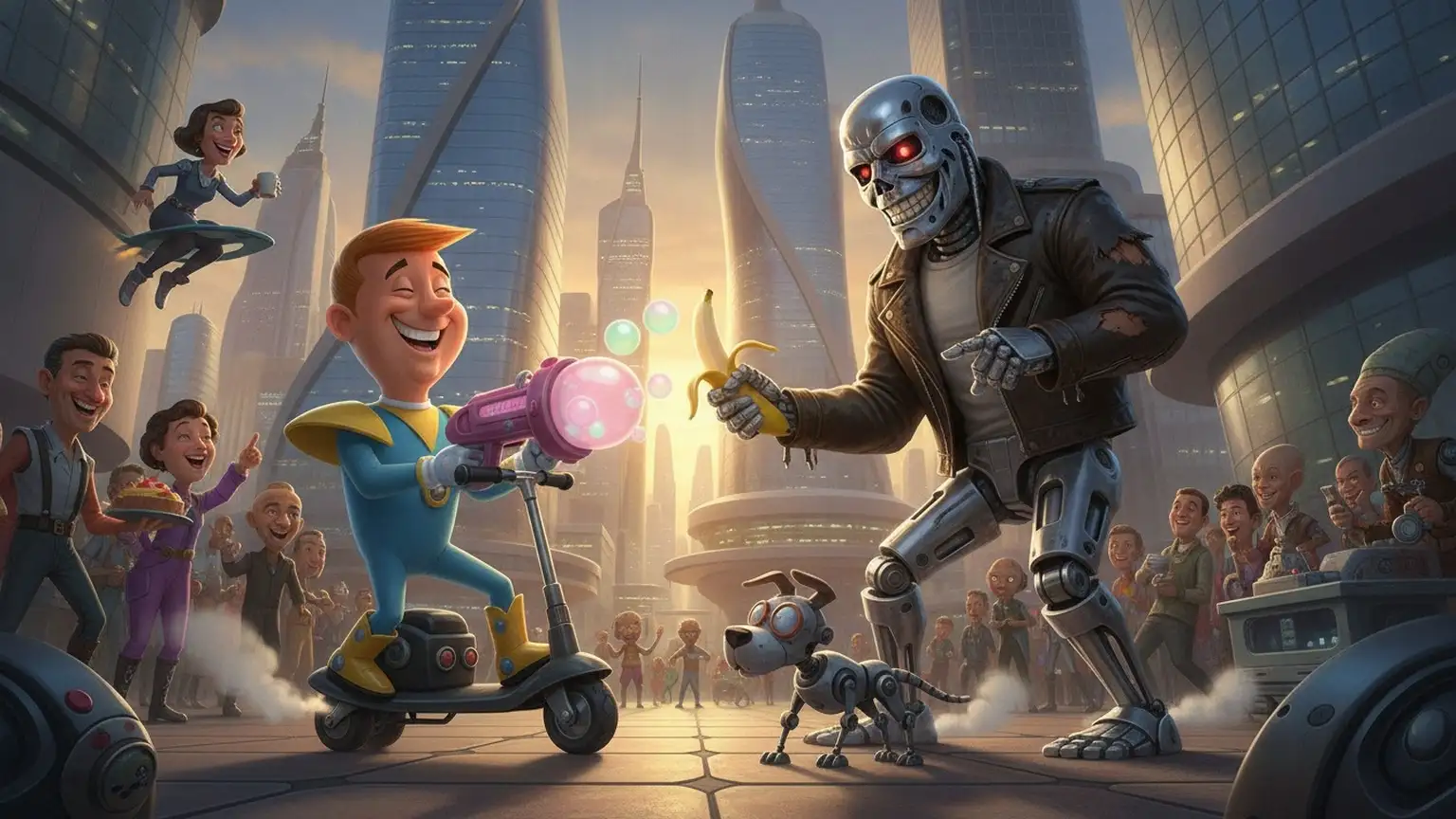A detailed and immersive close-up of a lively futuristic plaza at sunrise where comical versions of George Jetson and the Terminator shar...