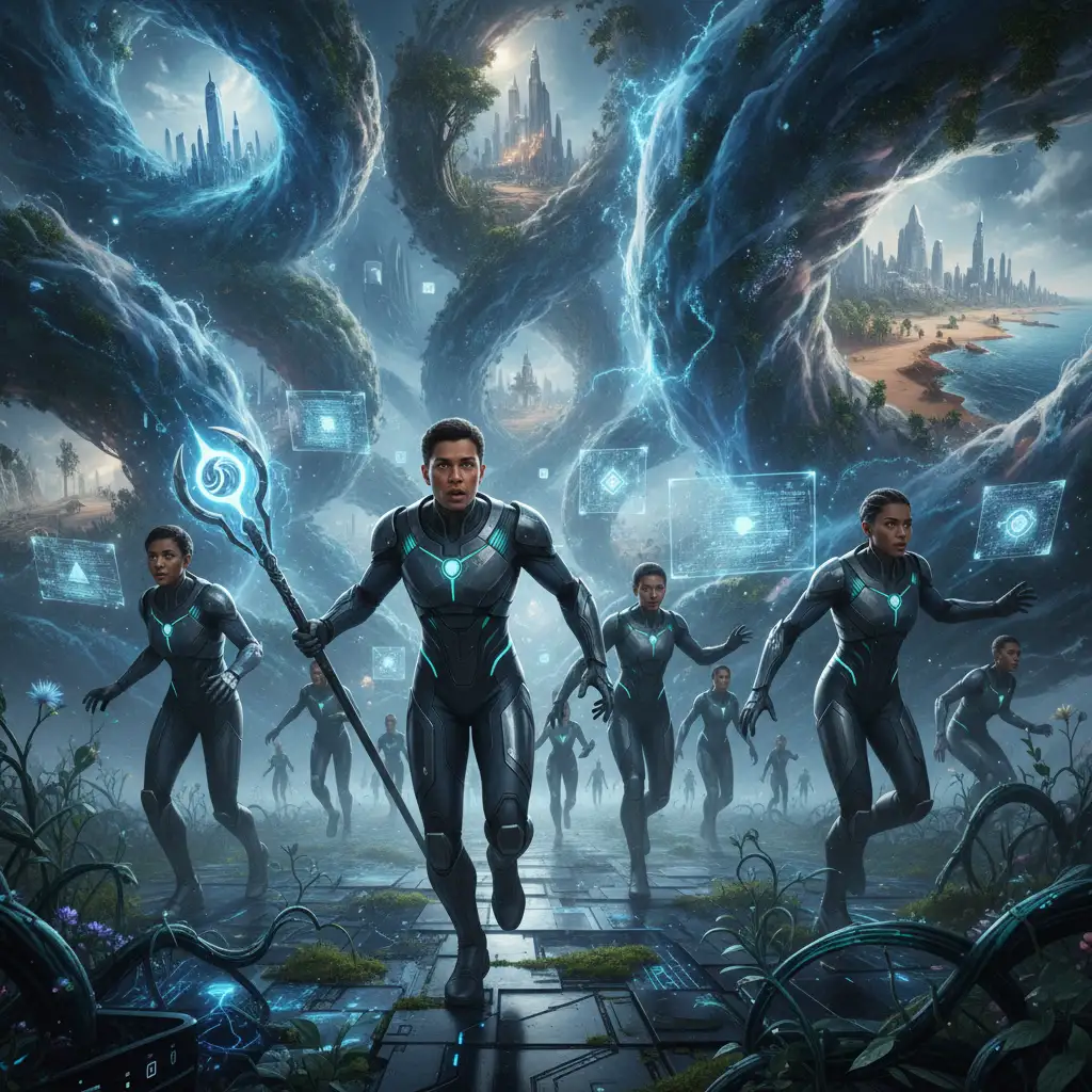 People navigating a chaotic multiverse, vibrant swirling portals, diverse landscapes merging, characters interacting with AI elements, fu