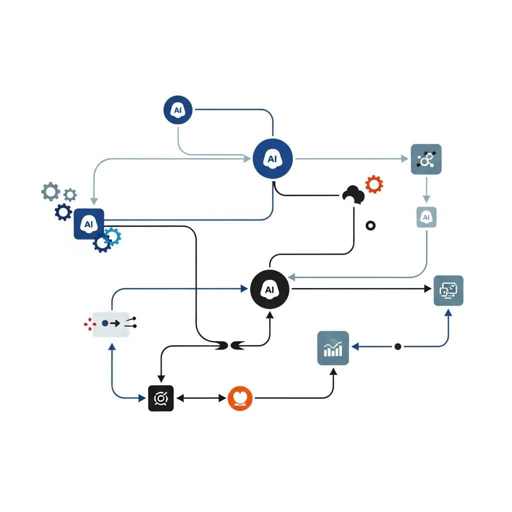 Flowchart with interconnected pathways, branching lines illustrating decision points, nodes AI agents, arrows showing direction of flow,...
