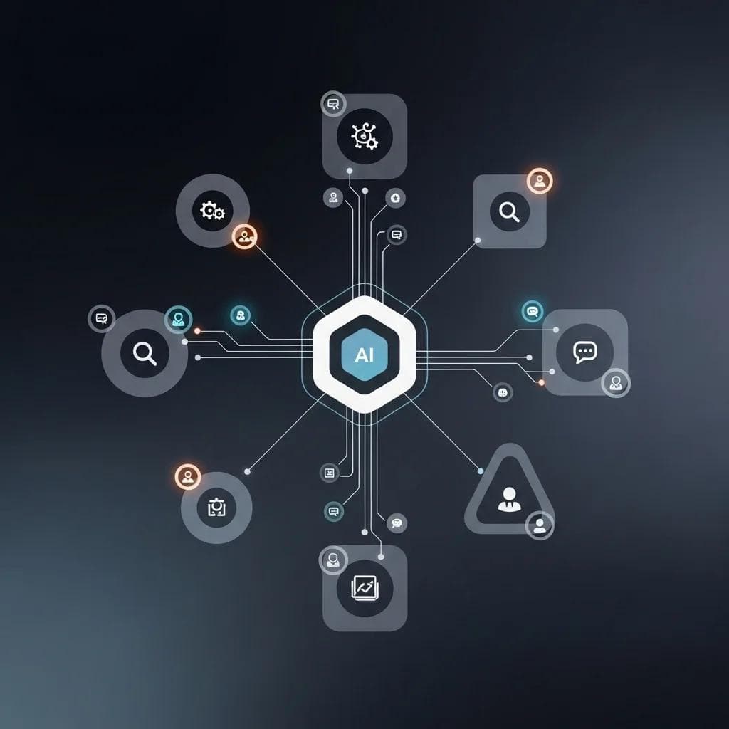 Create a modern enterprise dashboard showing AI agents coordinating multiple business processes across departments.