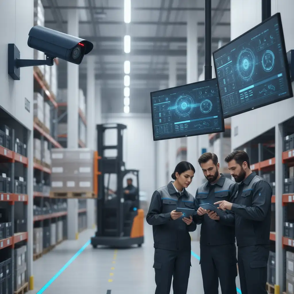 A bustling warehouse with workers in motion, AI-powered cameras mounted on walls tracking inventory, computer screens displaying real-time data, workers using handheld devices for inventory checks, a diverse team collaborating, bright lighting, organized shelves, forklifts moving goods, a sense of efficiency and technology integration, no visible text or logos, tight practical close-up, shallow depth of field, photorealistic, minimal, modern, premium aesthetic, confident, modern, precise, color palette of deep blue, slate gray, black, white, square composition filling the entire frame, no letterboxing, no black or white bars, no borders, no text, no logos, no watermarks, no