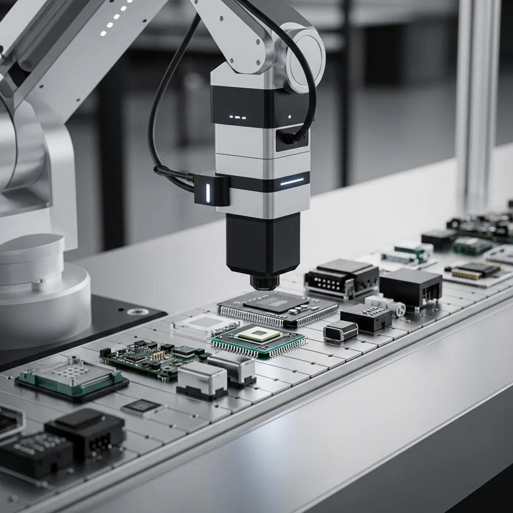 AI-powered quality control system inspecting electronic components on assembly line.