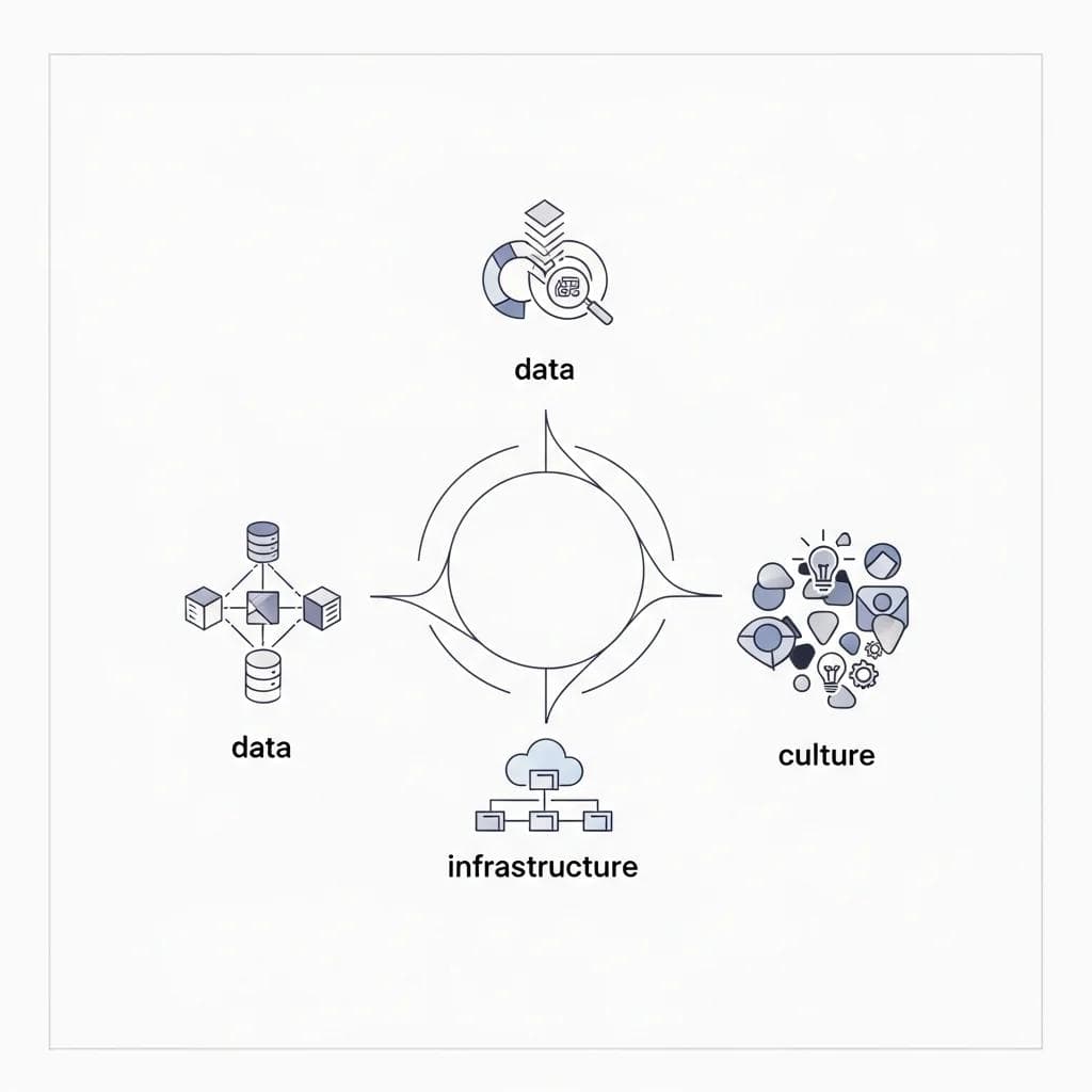 Infographic showing AI readiness assessment framework with data, infrastructure, and culture components.