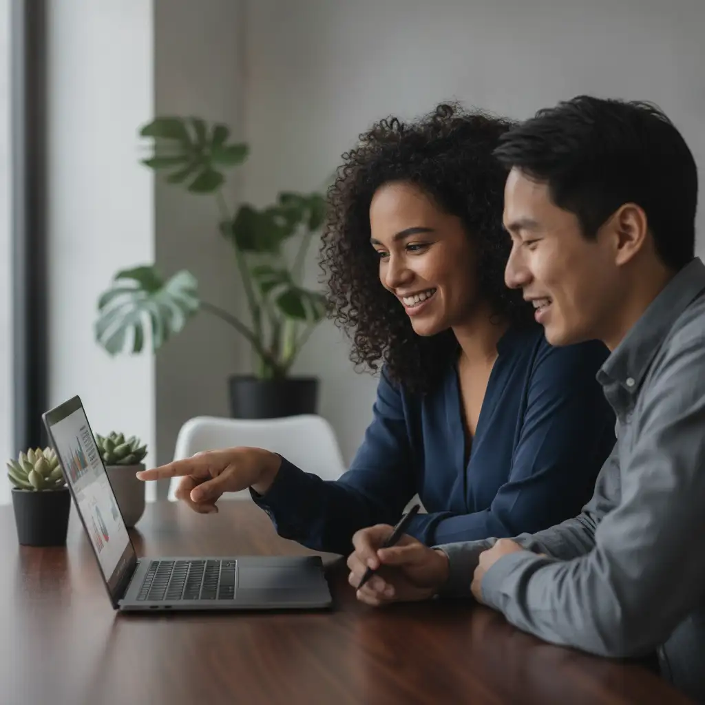 Professional office setting, a mentor and mentee sitting at a desk, mentor pointing at a laptop screen, both engaged and smiling, natur