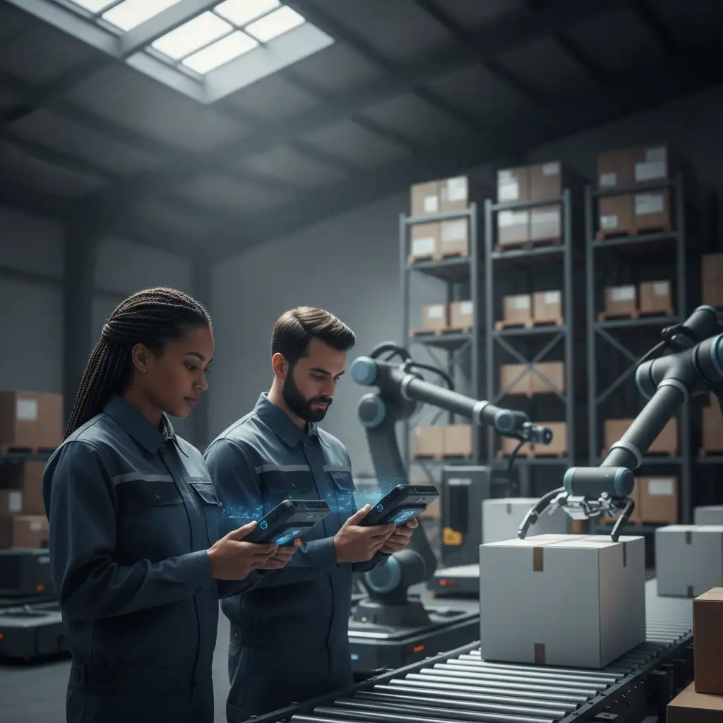 Warehouse workers using handheld devices, interacting with robotic arms, traditional warehouse setting with shelves and boxes, natural lighting, diverse team, focused expressions, collaborative atmosphere, AI-powered machinery in the background, seamless blend of technology and manual labor, efficient workflow, organized environment, tight practical close-up, shallow depth of field, photorealistic, minimal, modern, premium aesthetic, confident, modern, precise, color palette of deep blue, slate gray, black, white, square composition filling the entire frame, no letterboxing, no black or white bars, no borders, no text, no logos, no watermarks, no UI, avoid depicting specific mechanical internals or precise part