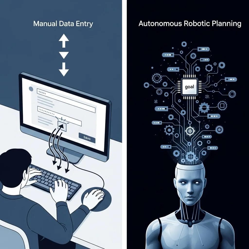 Two contrasting scenes, left side: a person manually inputting data into a computer with arrows leading to a single action, right side: a...