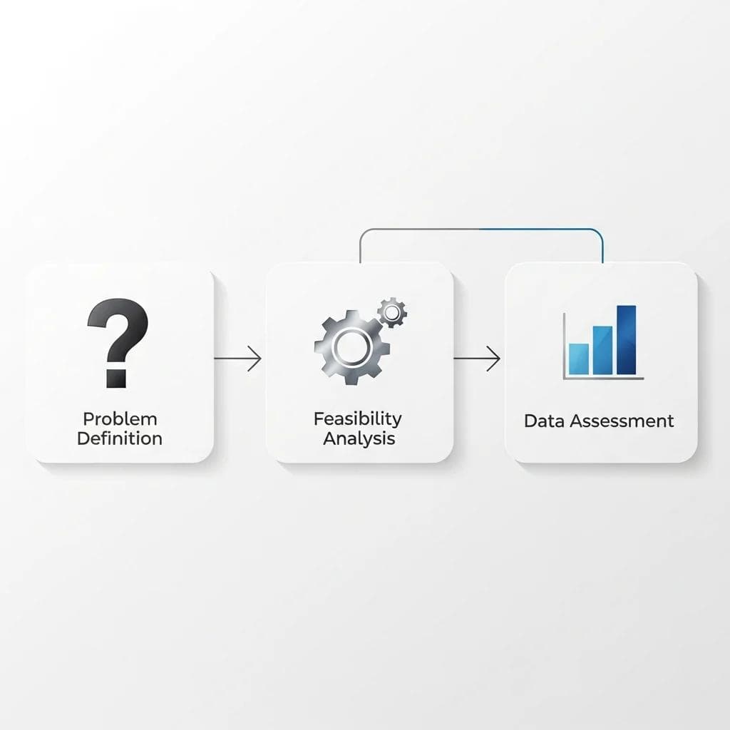 Workflow diagram showing problem definition, feasibility analysis, and data assessment steps.