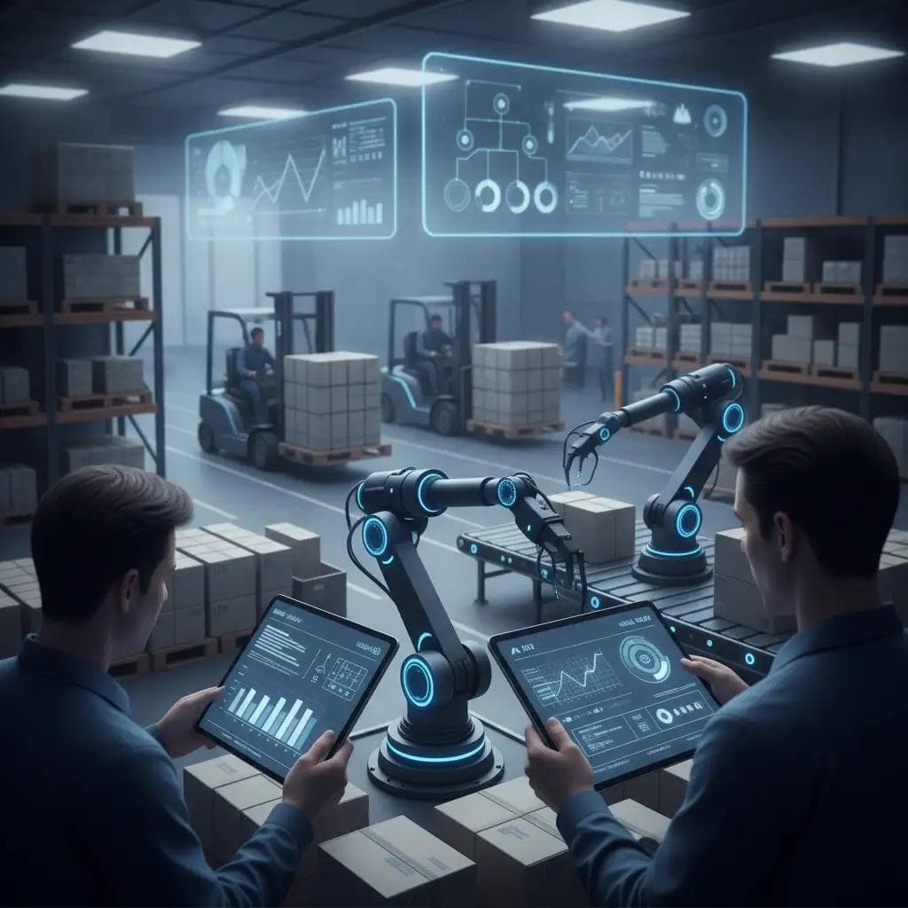 Warehouse interior with workers interacting with AI-powered robotic arms, automated forklifts moving pallets, digital screens displaying