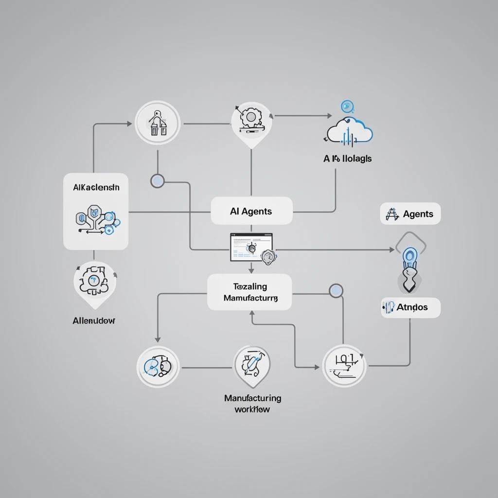 Design a diagram showing interconnected AI agents managing different aspects of a manufacturing workflow.