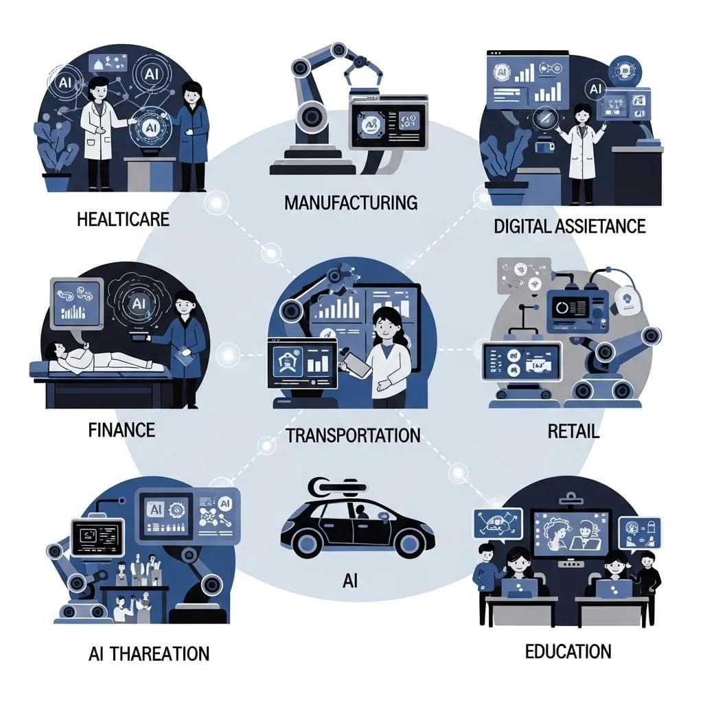 A diverse array of industry-themed vignettes, healthcare with doctors and AI holograms managing patient data, manufacturing with robotic...